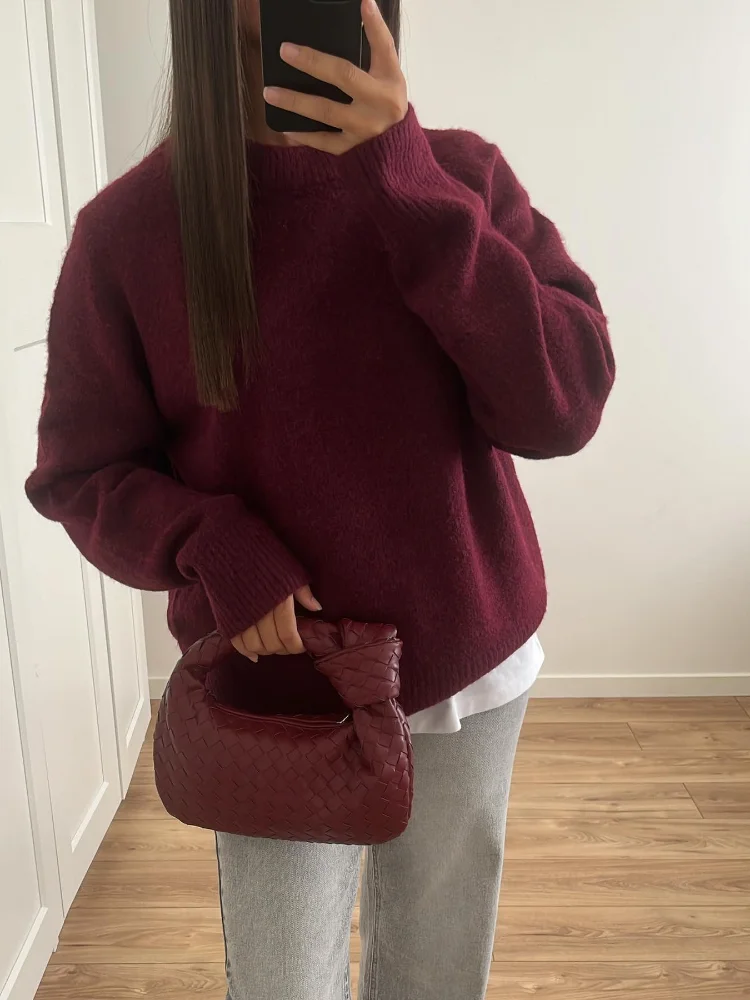 Women\'s Knitted O-neck Wine Red Casual Pullover Solid Color Long Sleeved Autumn Sweater Ladies Warm Commute High Street Knitwear