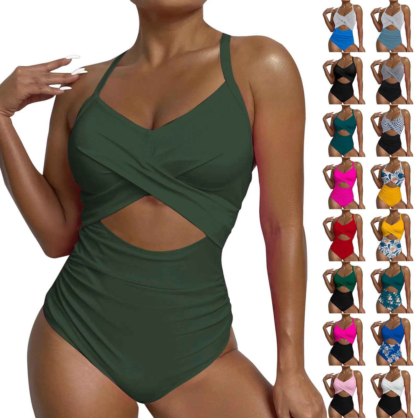 Women'S One-Piece Bikini Fashion Solid Block Sexy Hollow Out Cross Swimsuit Basic High Waist Slim Fit Strap Swimwear