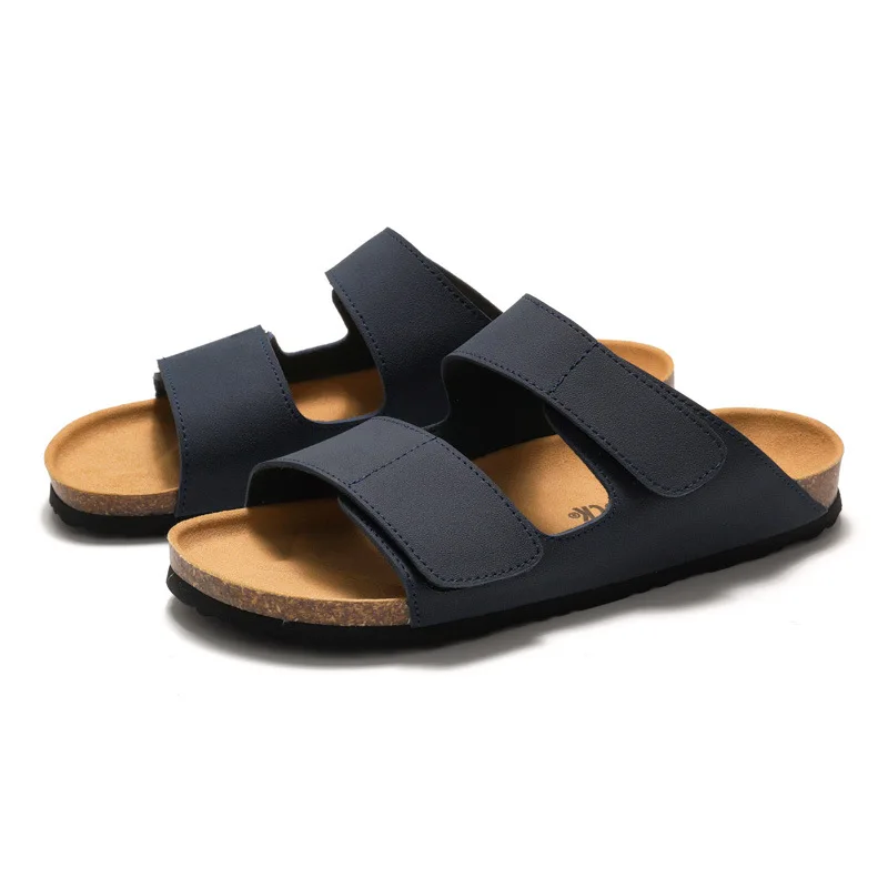 

Men Spring Summer Casual Cork Slippers Student Flip Flops Lightweight Comfortable Double Straps Men Velcro Beach Shoes Nubuck