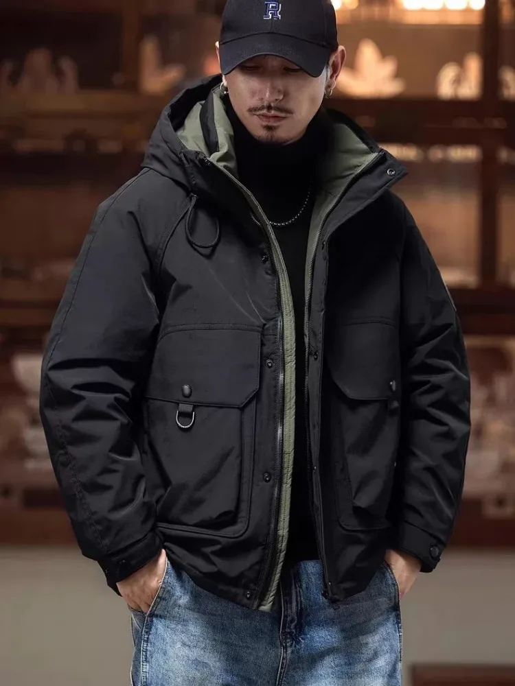 Jaket Pria Ukuran Besar Model Vintage Cargo, Jaket Tebal Hangat Musim Dingin, Jaket Bulu Angsa Tebal Berkerudung, Tahan Angin, Model Longgar, Mantel Baru