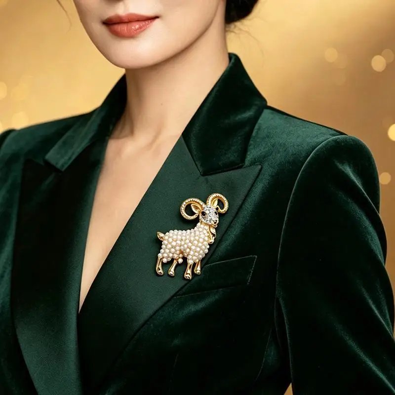 Rhinestone Pearl Goat Brooch 1Pc Vintage Animal Brooch Pin for Women Anti-Rust Alloy Jewelry for Wedding Coat Decoration