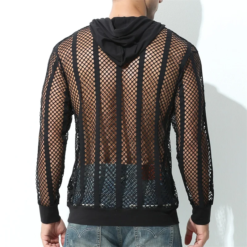 Mens Hoodies Sexy Transparent Mesh Shirts Fishnet Hollow Out T Shirts Sport Fitness Nightclub See Through Tees Tops Sweatshirt