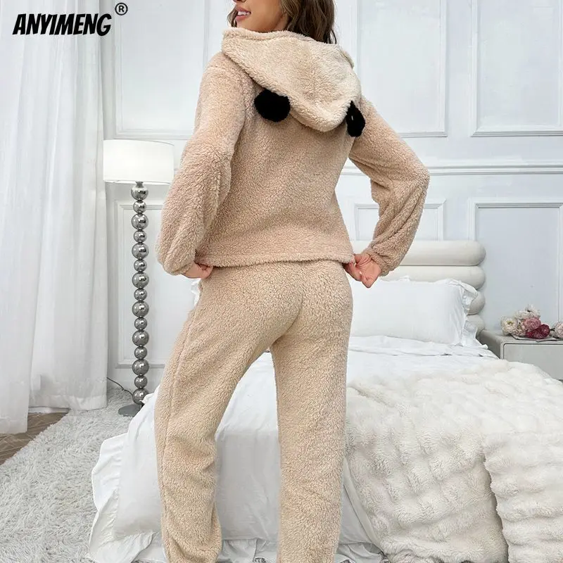 Cute Panda Woman Hoodies Thermal Pajamas Set Winter Thick Sleepwear Leisure Hoody Pijamas Casual Girls Fluffy Teddy Homesuits