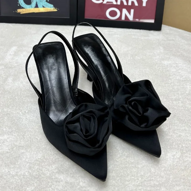 Bombas elegantes de dedo apontado para senhoras, plus size, design de flores, slip slingback de luxo, mulas de salto alto, sapatos femininos, moda