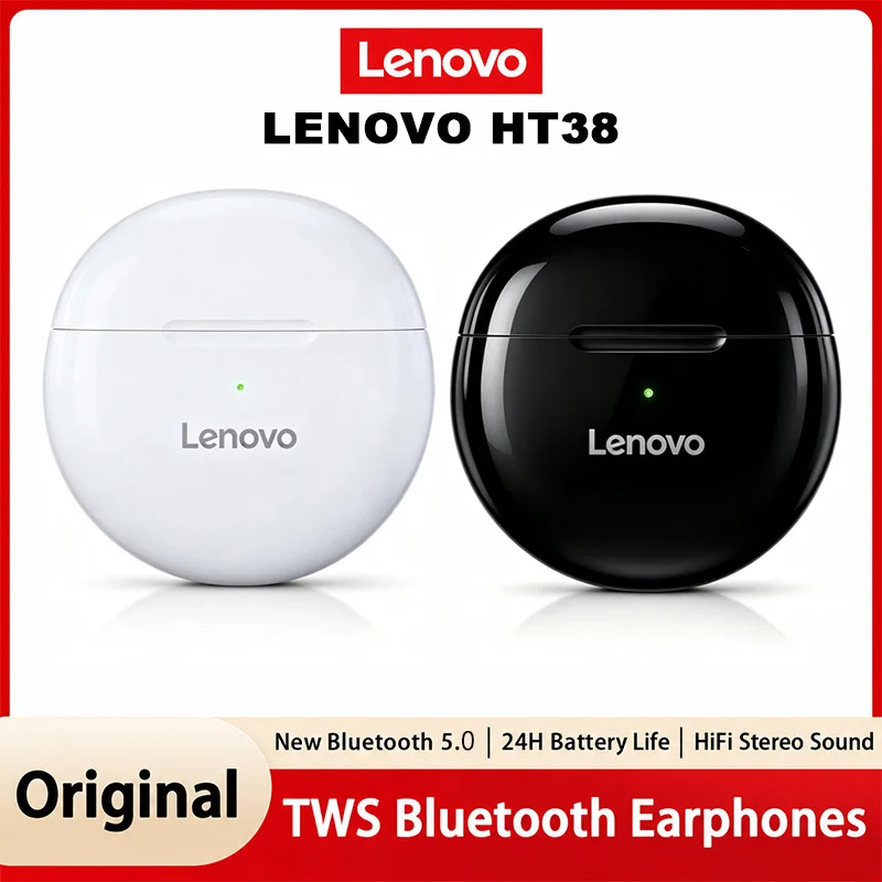Lenovo HT38 TWS Sport Earphones Mini Wireless Bluetooth Headset, HiFi Stereo Bass Fast Charging Case Sweatproof Running Earbuds