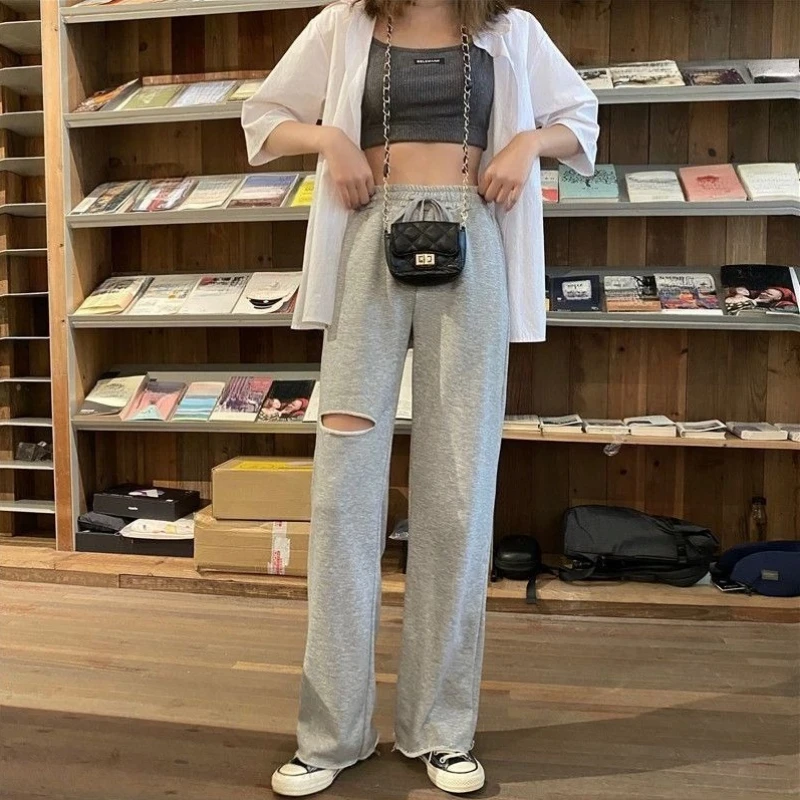2026 Gray Wide Leg Joggers Women High Waist Straight Drape Casual Trousers