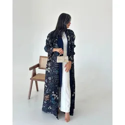 KAF Women Large Size Abaya 2025 Spring Autumn New Retro Printing Cardigan Tie Original Design Dubai Luxury Female Abaya