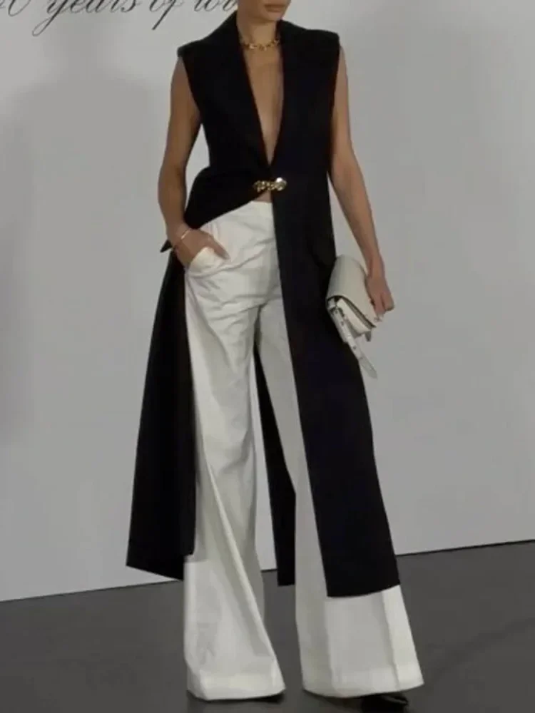 

Business Leisure Long Black Vest Jackets for Women 2026 Trendy Straight Notched Sleeveless Metal Buckle Outerwear 180203