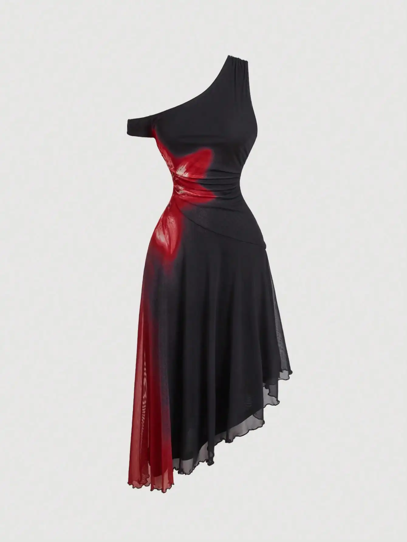 

Черное платье миди на одно плечо с красным цветочным принтом и асимметричным подолом