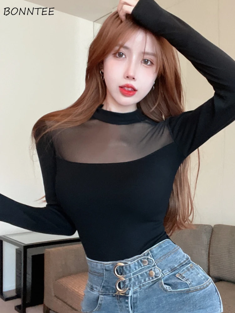 Mock Neck T-shirts Women Spring Autumn Tops Sexy Skinny Mesh Patchwork Basic Simple Korean Fashion Aesthetic Clothing Daily Ins