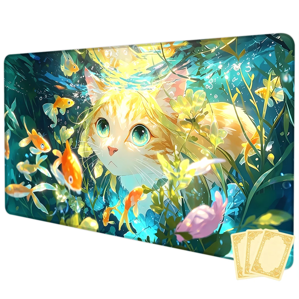 Cute orange cat and koi fish TCG Playmat Magic Playmat Gathering Gaming Mat Stitched Edge Anti-slip base Trading Card Game
