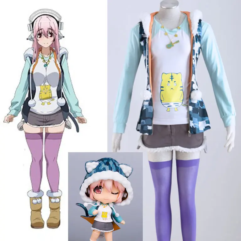 

Anime Super Sonico Cosplay Costume Supersonico Cos Halloween Costumes for Women Coat T Shirt Skirt Necklace Stockings Wig