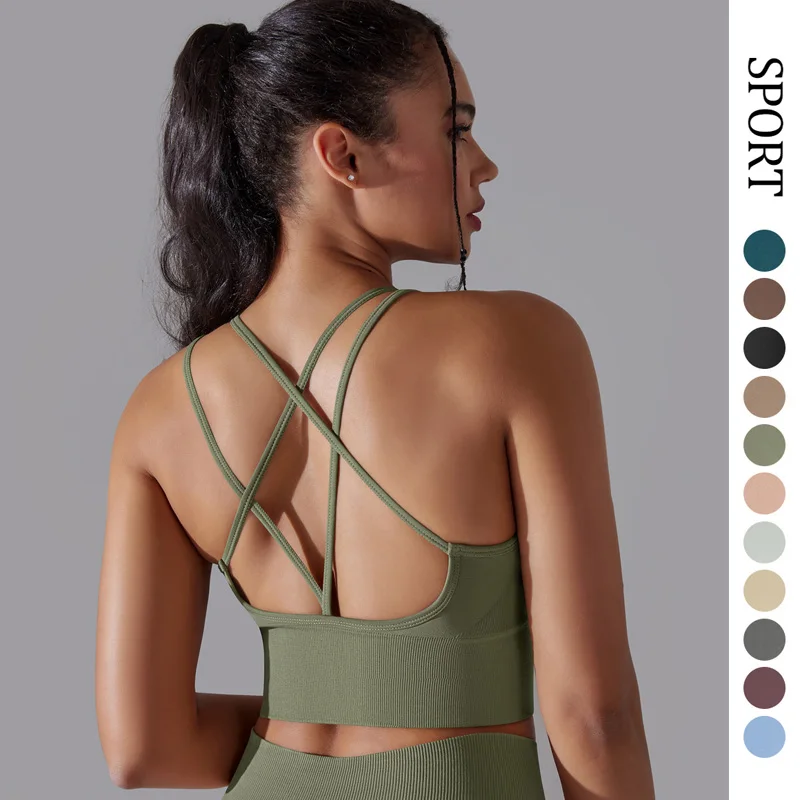 여성용 피트니스 브라, 스포츠 브라, 크롭탑, 타이트한 요가 조끼, 푸시 업 통기성 가슴 패드, 버클로 고정 