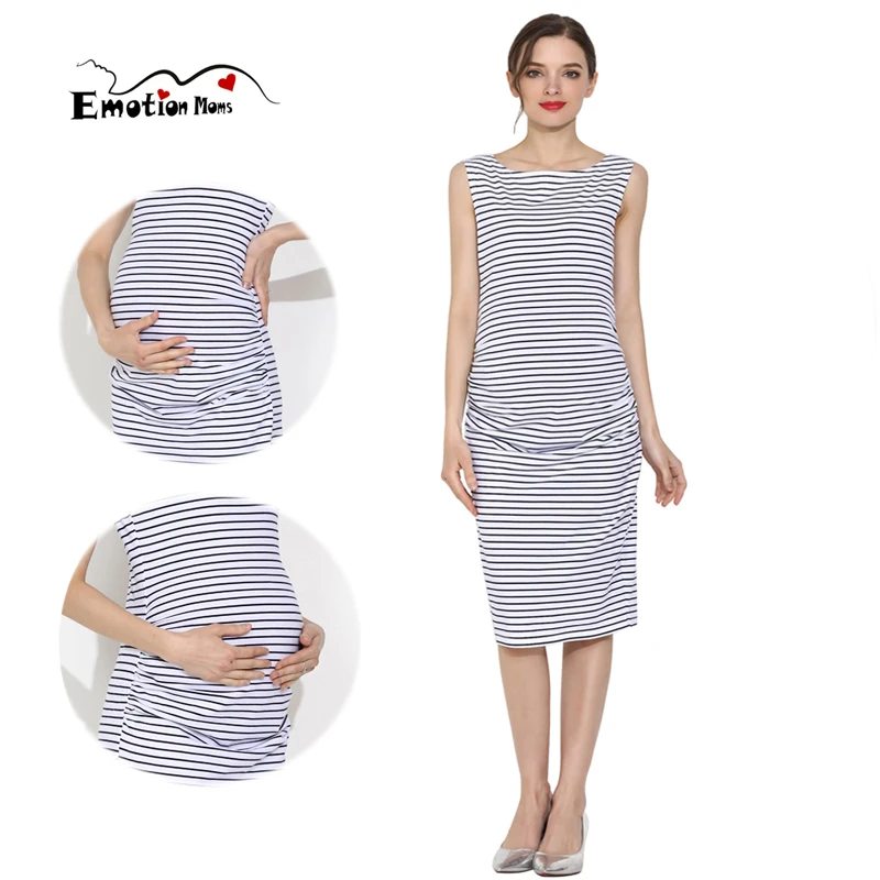 

Summer Maternity Dress Pregnant Women Dress Sleeveless Sexy Pregnancy Dresses Side Fold Casual Stripe Cotton