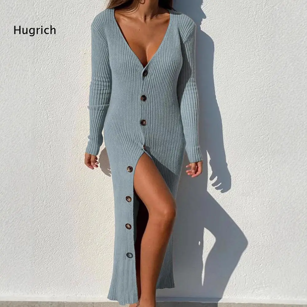 Women Dark Grey Ribbed Knit Maxi Dress With Front Buttons And Deep V Neck Long Sleeve Slim Fit For Autumn Winter Outing