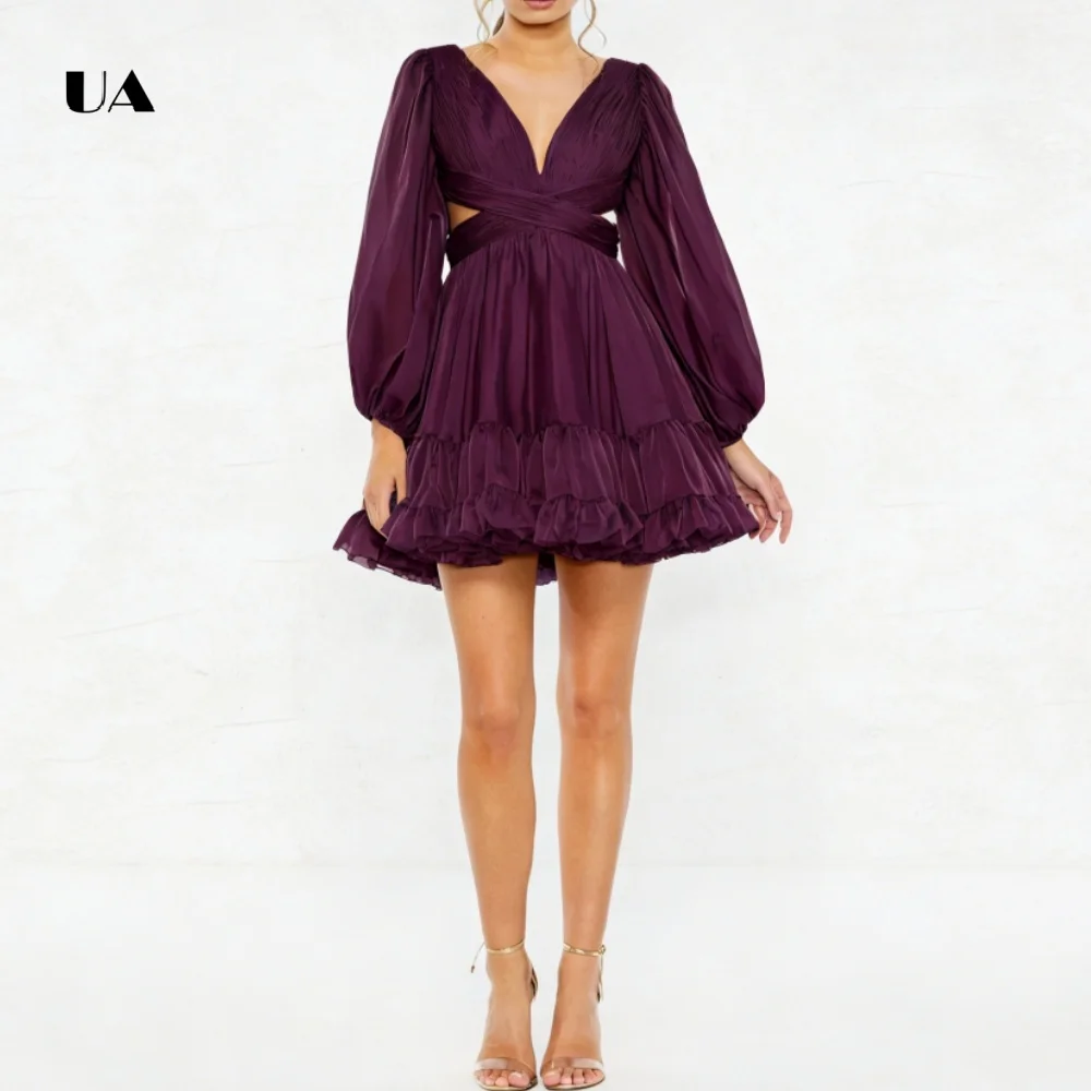 ULBYANRY Mini robe ajustée et évasée en mousseline de soie avec manches bouffantes col en v robe de soirée plissée découpée à lacets robe de soirée personnalisée