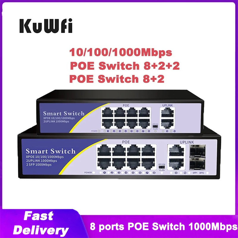 

Гигабитный коммутатор POE KuWFi 52 В, 10/100/1000 Мбит/с, 8 портов POE + 2 Uplinks + 2 сети Ethernet 802.3 af/at для IP-камеры/беспроводной точки доступа