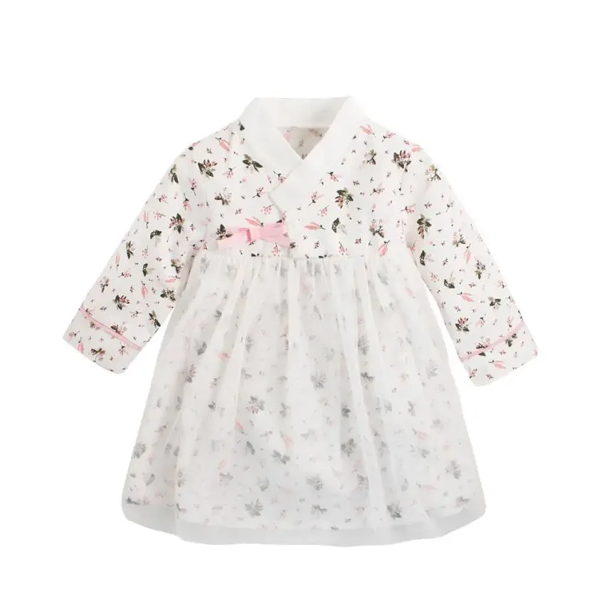 2PCS New Baby Girls Traditional Korean Hanbok Fashion Style Dress Cotton Long Sleeve Print 1-8 Years Old Child Asian Dress Y2742