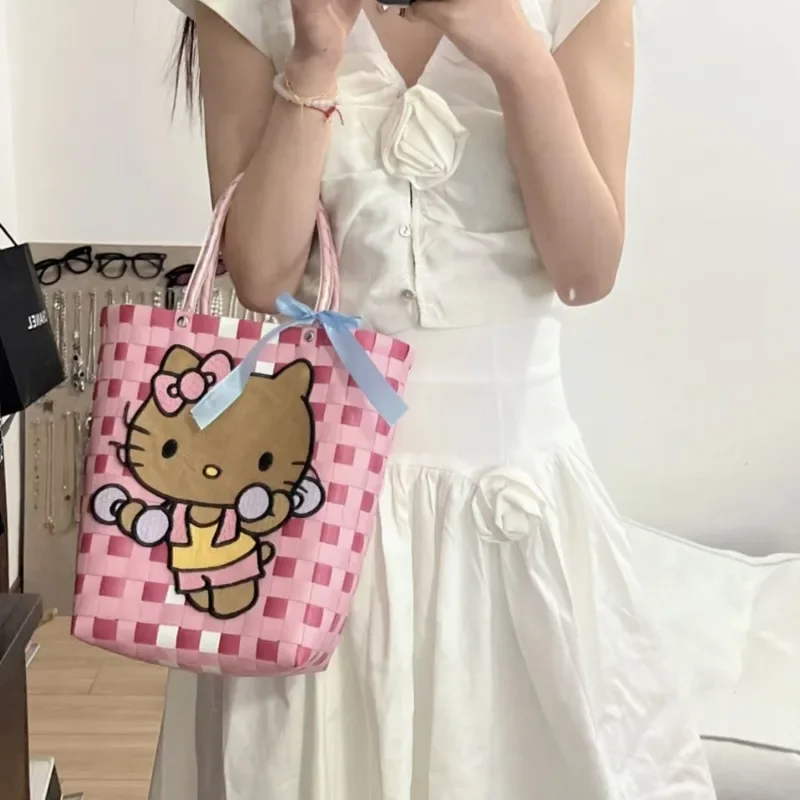 Sanrio Hello Kitty Woven Basket Bag Cute Embroidery PVC Handbags High Capacity Shoulder Tote Bags Beach Vacation Bags For Women