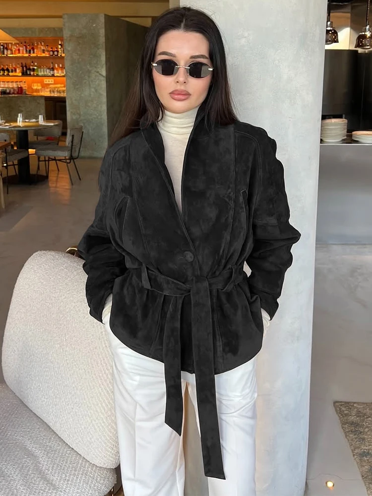 Trendix Retro Suede Jacket Femme 2025 Autumn Fashion Lace Up V Neck Long Sleeve Cardigan Coat Winter New Commute Outerwear Women