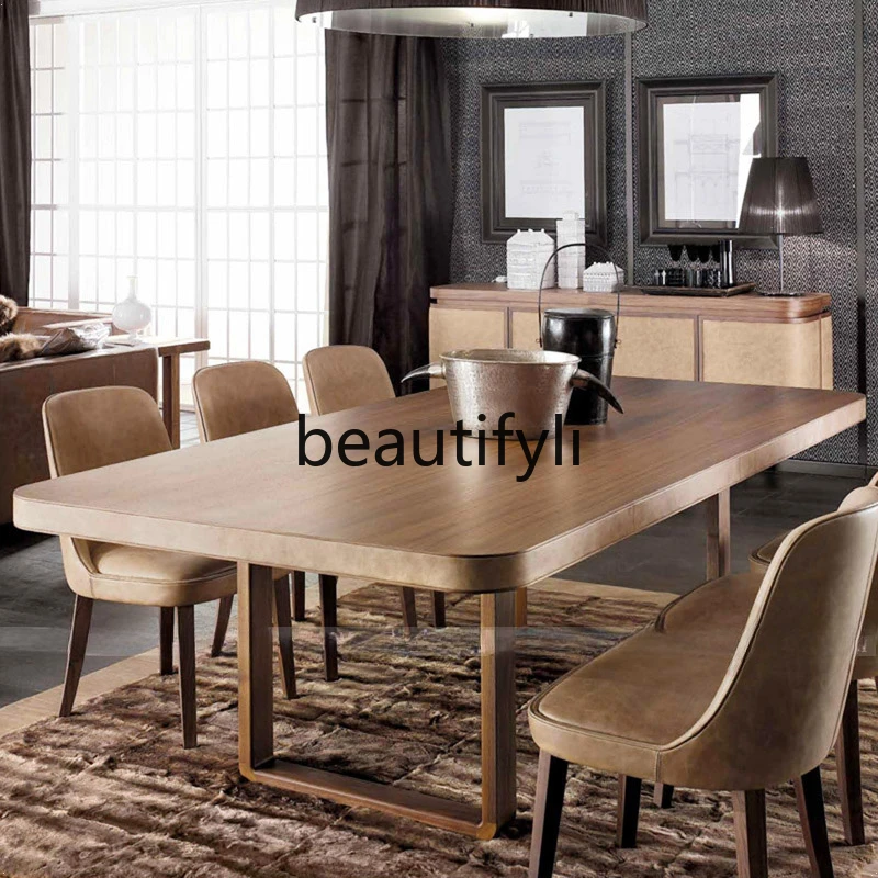 

Premium six-person dining table rectangular modern simple 2024 new log color long table