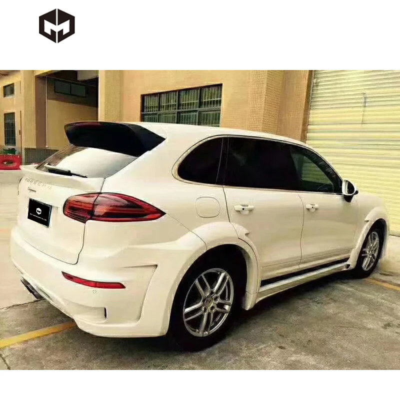 Fibra de vidro amortecedor dianteiro difusor traseiro saias laterais estilo hm kit de corpo largo para porsche cayenne 958 14 polegadas