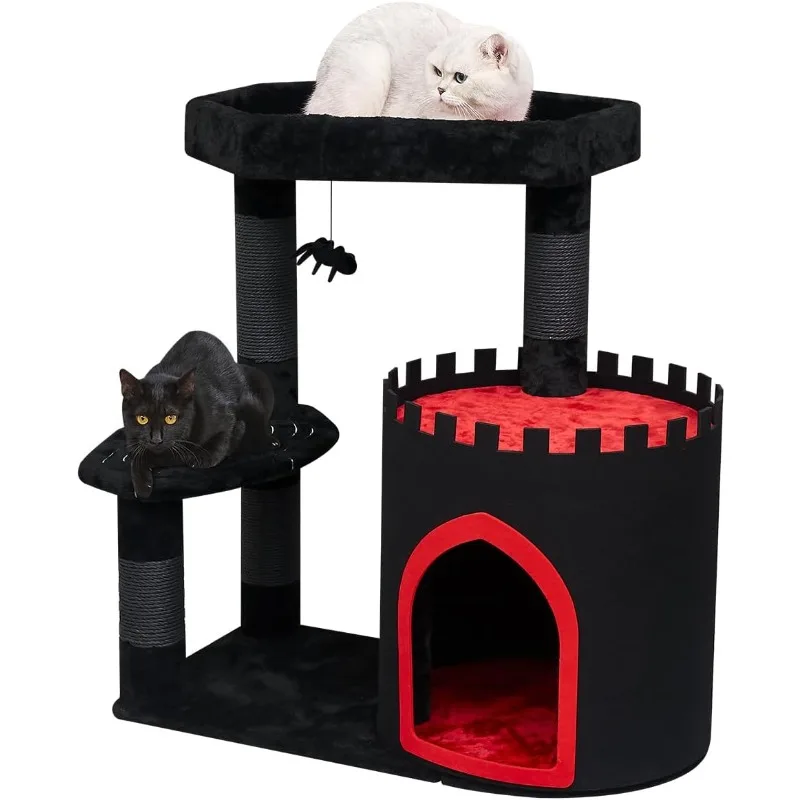 

Gothic Cat Tree Castle, Black Cat Tower with Coffin Cat Bed, Spacious Condo for Halloween , Kraft Twine Scratching