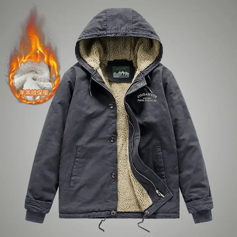 

Men's Winter Cotton Jackets Hooded Parkas Lamb Fur Lining Plush Men's Jacket Cold Thickening Fashion Motorcycle Jacket Men's