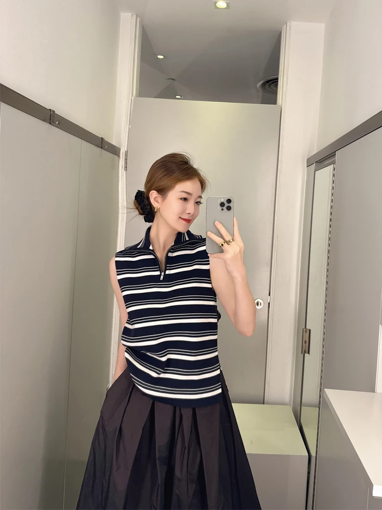 

Модный полосатый жилет с воротником для женщин, весна-лето 2025, повседневная универсальная верхняя одежда с молнией