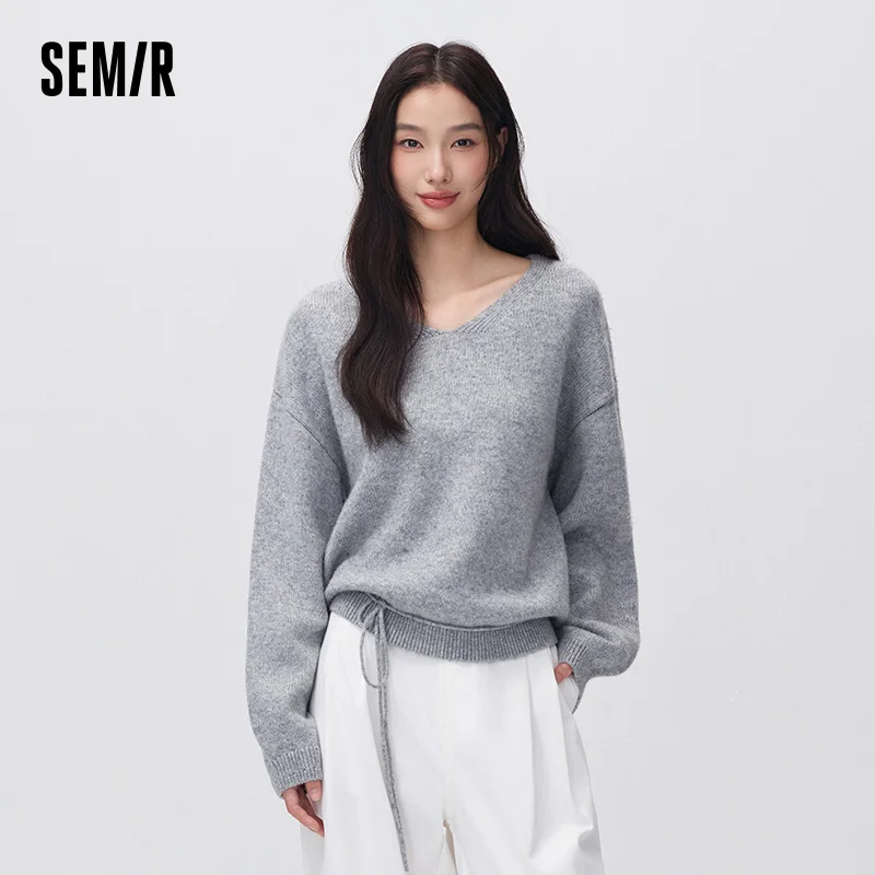 Semir Damen Strickpullover mit V-Ausschnitt, überschnittenen Schultern, Ballonärmeln, Wollmischung, vielseitig, entspannte Passform, 2026, neuer Winter-Tagespullover