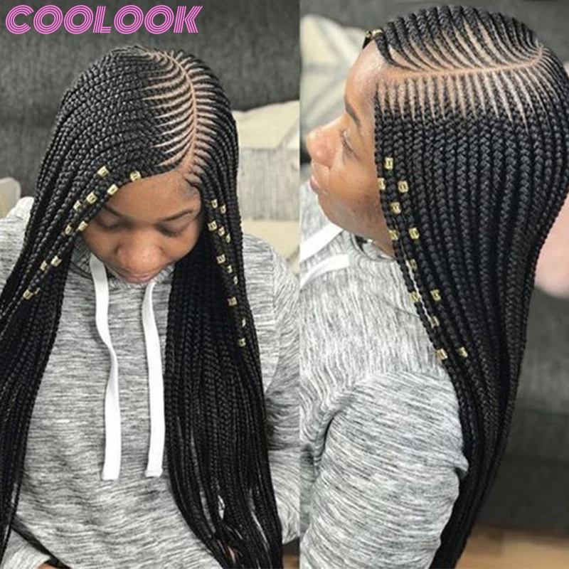 Parte lateral sintética trançada perucas para mulheres africanas, Crochet Cornrow preto, tranças frontais de renda, peruca cheia do laço para trançar, 36 in