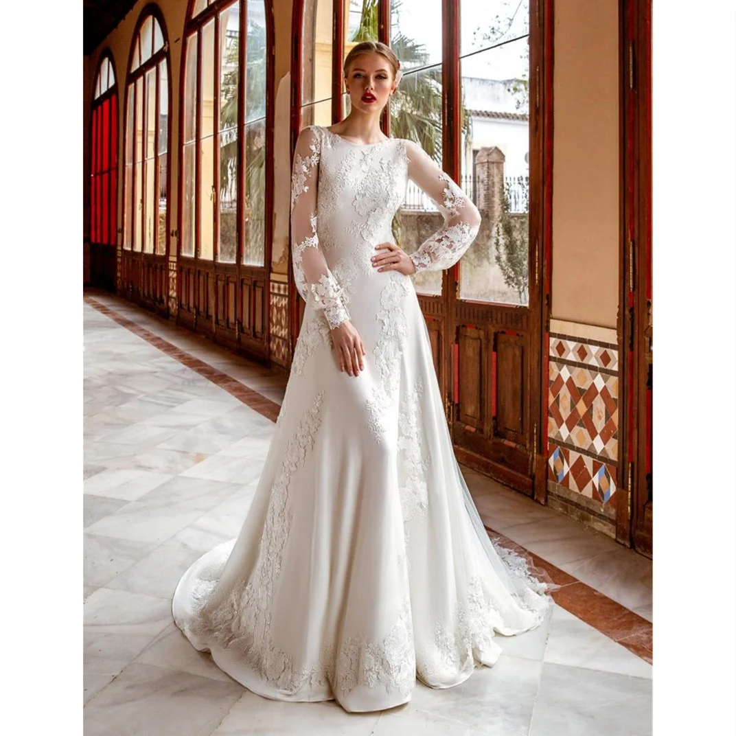 Classic A-line Wedding Dress Satin Long Sleeved High Neck Backless Patch Flower Bud Ribbon Ruffled Bridal Gown Customized