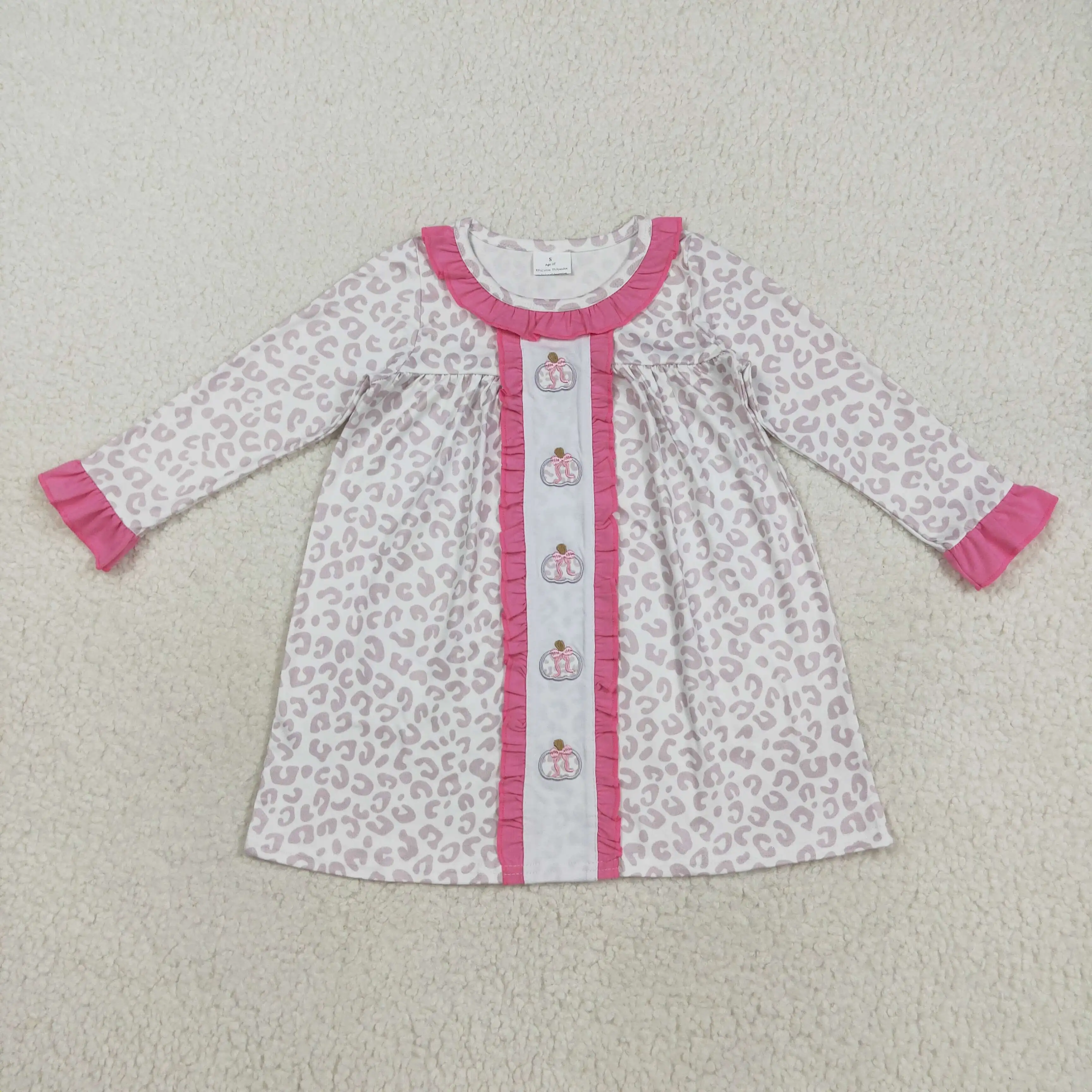

New Thanksgiving girls dress wholesale boutique embroidered leopard print pumpkin bow pink lace long sleeve dress