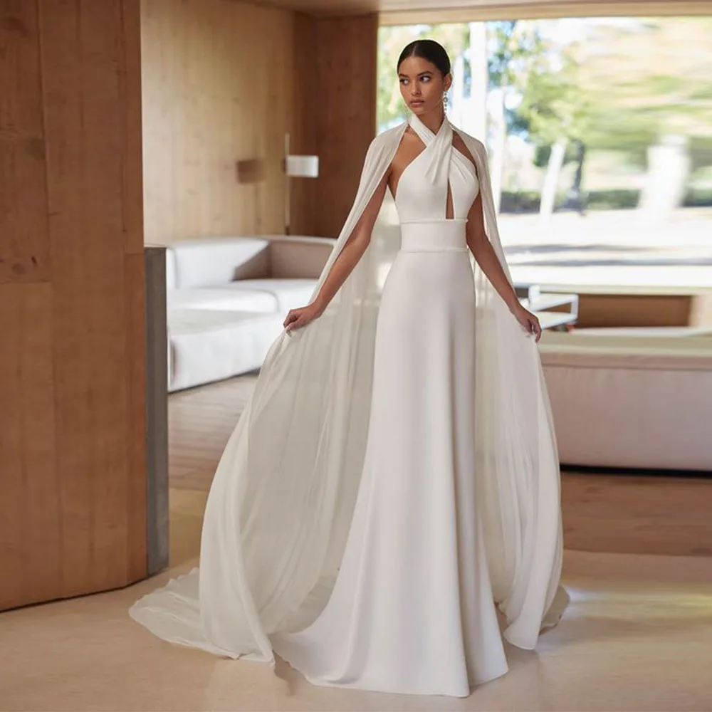 

Customized Attractive Measure Sexy Halter Sleeveless Satin Mermaid Wedding Dress with Train Low Back Bride Robe Pleat 2025