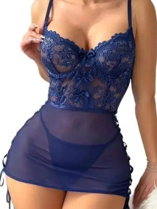 Robe Sexy en dentelle transparente, couleur unie, maille, imprimé floral, dos nu, bretelles en V profond, sans manches, portefeuille aux hanches, charmante, UJI0, nouvelle collection