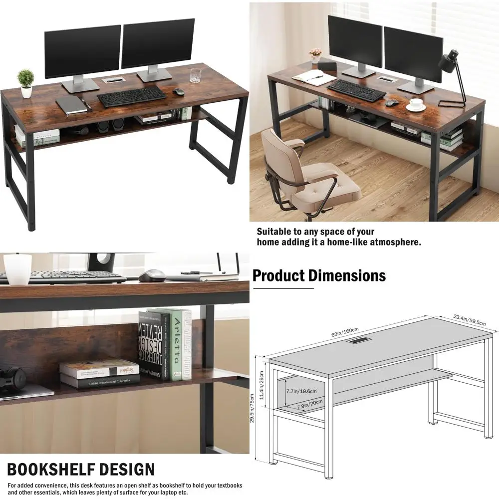 Rustic Brown Wooden Desk with Bookshelf and Cable Management, Thick 63 Workstation