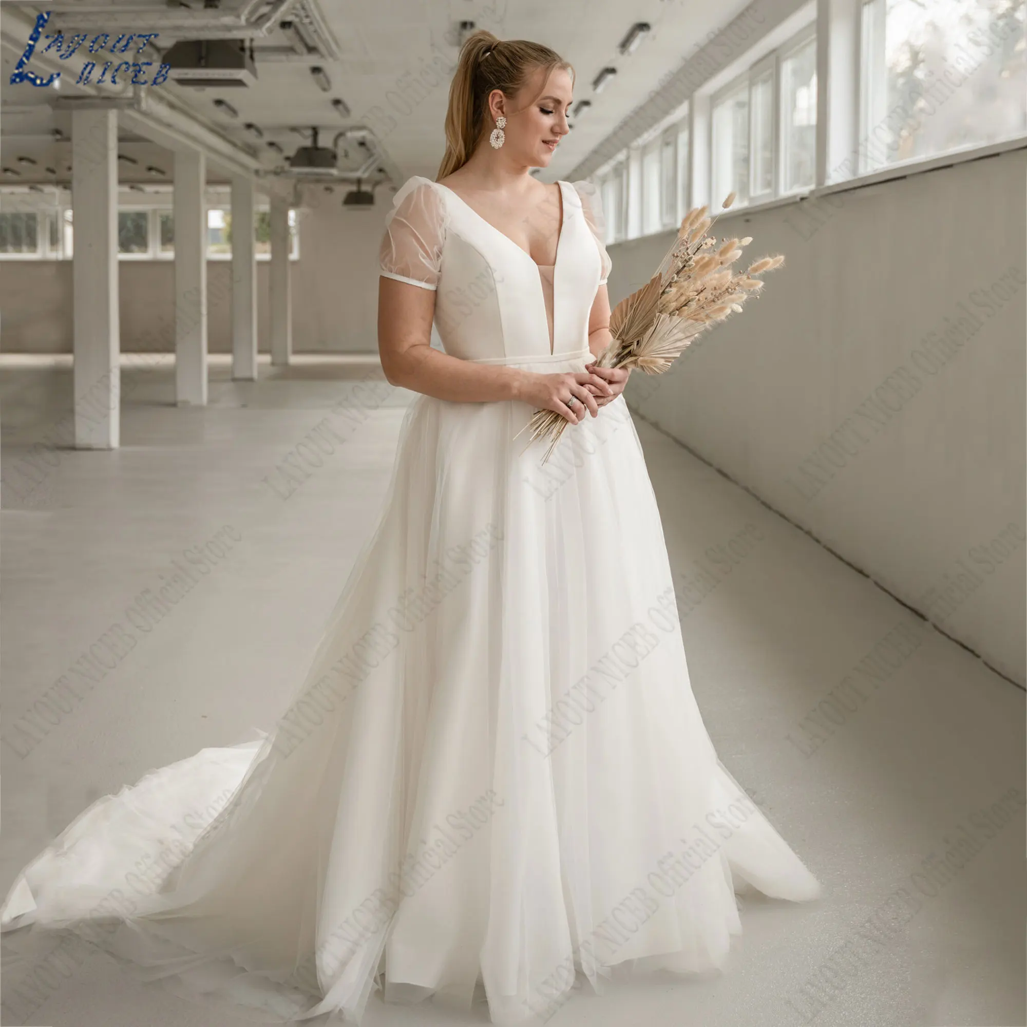 LAYOUT NICEB V-Neck A-Line Backless Wedding Dresses Short Sleeves Tulle Bride Gown Large Size Women vestido de novia boda civil