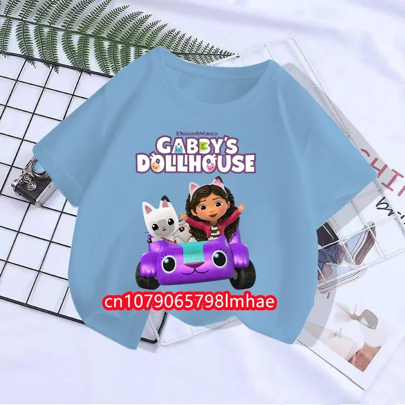 Camiseta de casa de muñecas Kawaii Gabby para niños y niñas, camisetas de dibujos animados, ropa de cumpleaños temática superior de Anime, cuello redondo, manga corta, regalo de verano