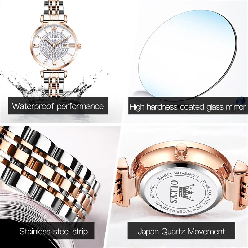 OLEVS Brand Luxury Diamond Quartz Watch for Women Stainless Steel Waterproof Calendar Fashion Womens Watches Relogio Feminino