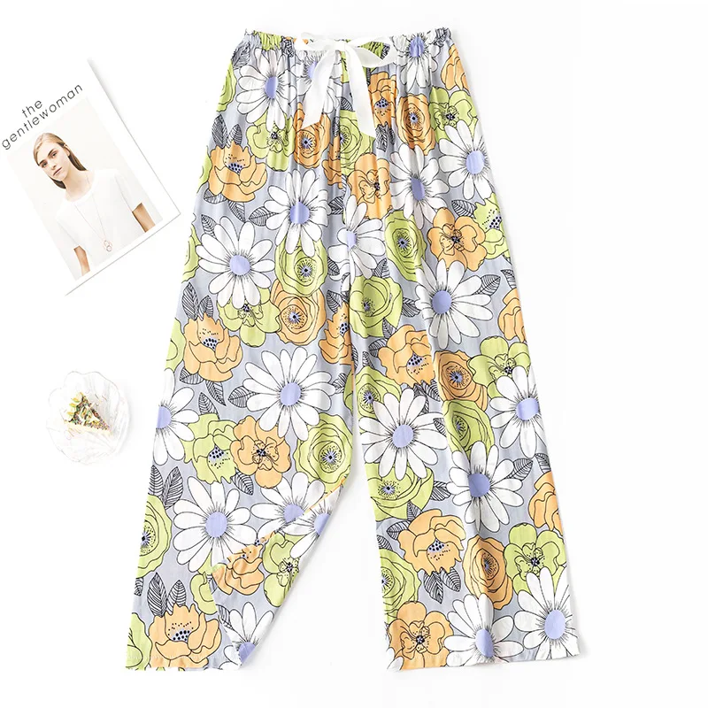 New Spring Summer Home Pants Women Pijama Plus Size Sleepwear printed Loose high waist Cotton Pants Female Calf Length Bottoms