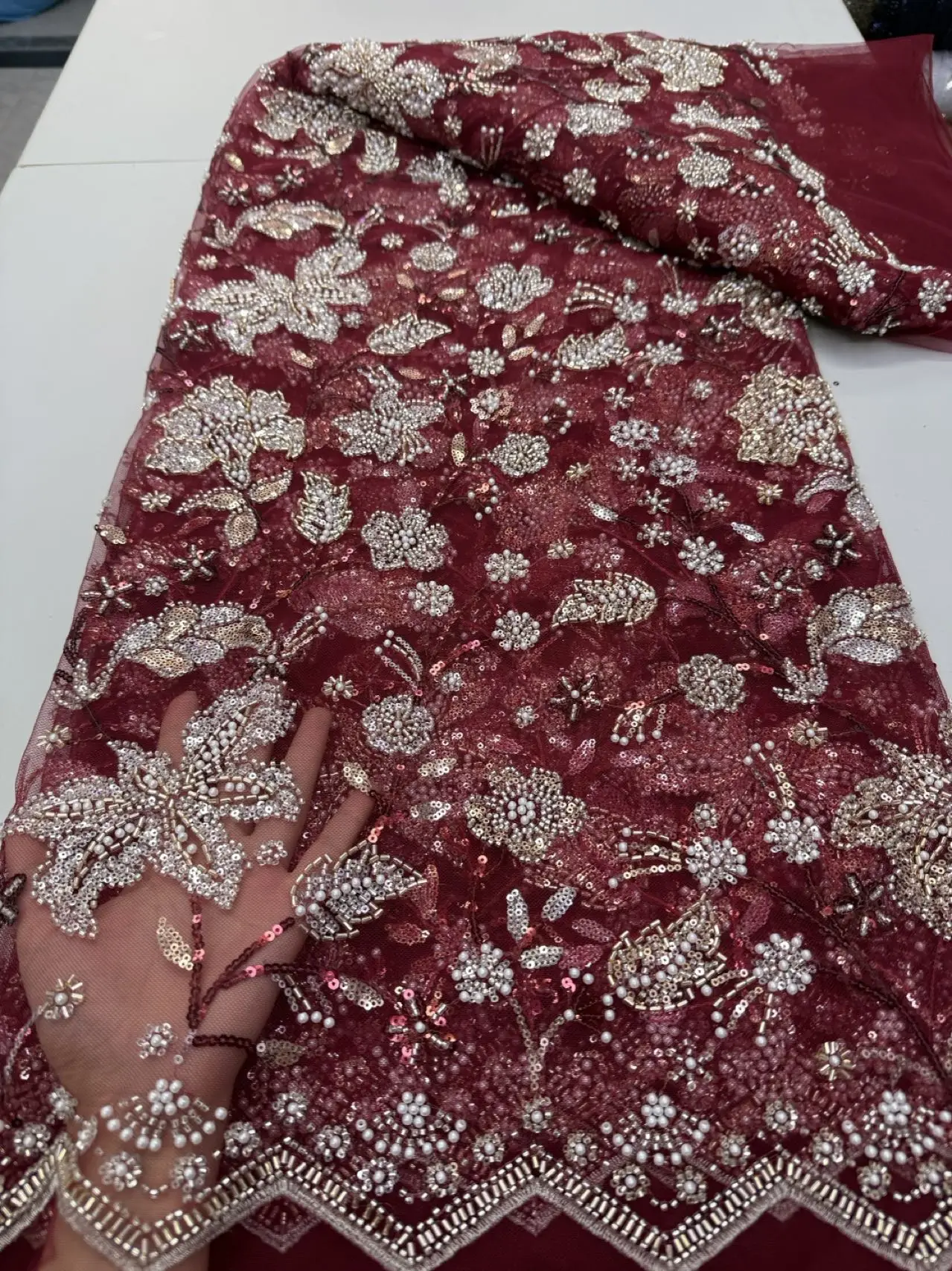 

2026 High-Quality Nigerian Sequins Tulle Lace Fabric Embroidery African Net Cloth for Prom Dresses Beads 5 Yards JY514