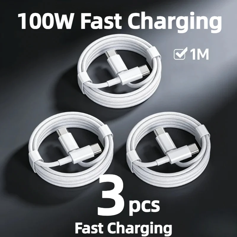 New 100W USB C To C Super Fast Charging Data Cable 3PCS Braided Cord for IPhone 15 15 Pro Max Huawei Samsung Xiaomi White 1M