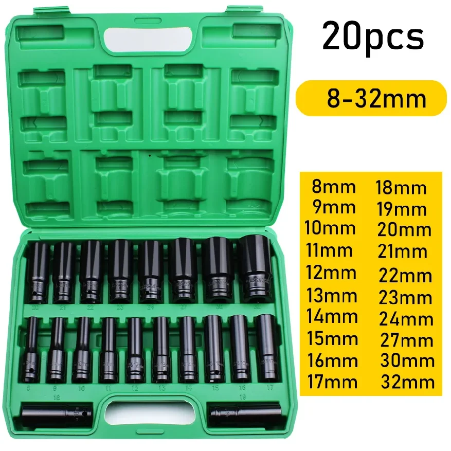 

1/2Inch Drive 6-Point Impact Socket Set 15/20 pcs/set Metric Sizes Carbon Steel Impact Socket Set with Hard Storage Box