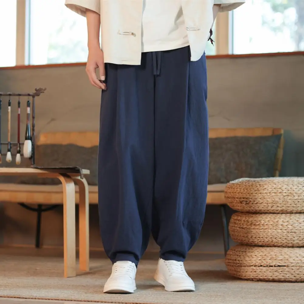 

Loose-fitting Bloomers Versatile Men's Casual Long Pants with Elastic Waist Side Pockets Ankle-banded Design for Daily for Men