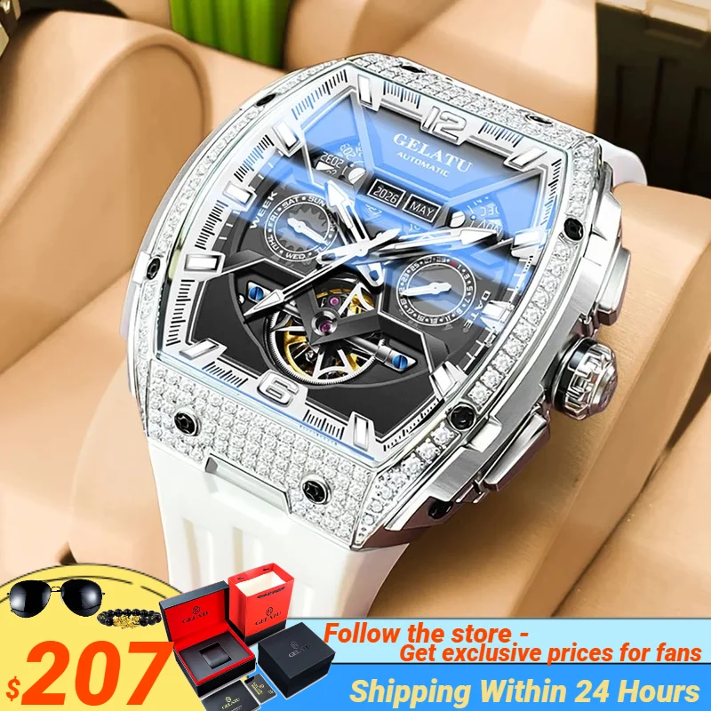 

GELATU Men's Watches Luxury Fashion Full Automatic Mechanical Wristwatch for Man Hollow Flywheel Movement Sapphire Crystal