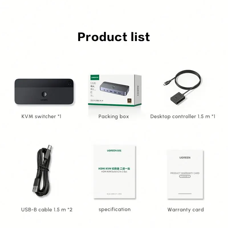 UGREEN USB 3.0 HD-MI KVM Switch 2 in 1 Out Splitter Support 4K60Hz for 2 Computers Sharing 1 Monitor Keyboard Mouse