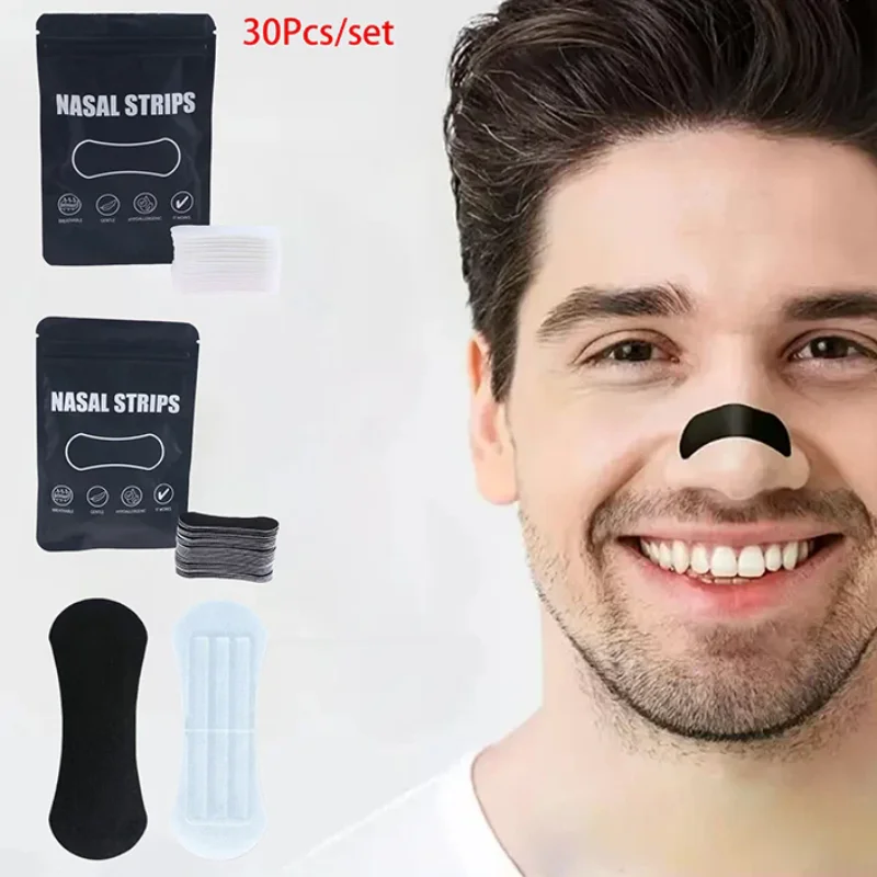 30pcs Better Breathing Nose Breathing Strips For Better Sleep Anti Snoring Breathe Well Nasal Strips Black Oval Nose Patches