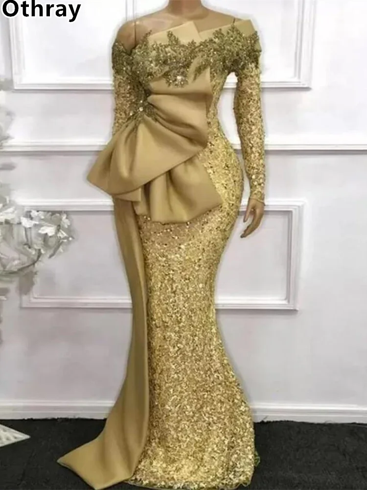 Otray-Vestidos de noite femininos com renda dourada, sem ombro, mangas compridas, vestidos de baile de sereia, convidado de casamento formal, Aso Ebi