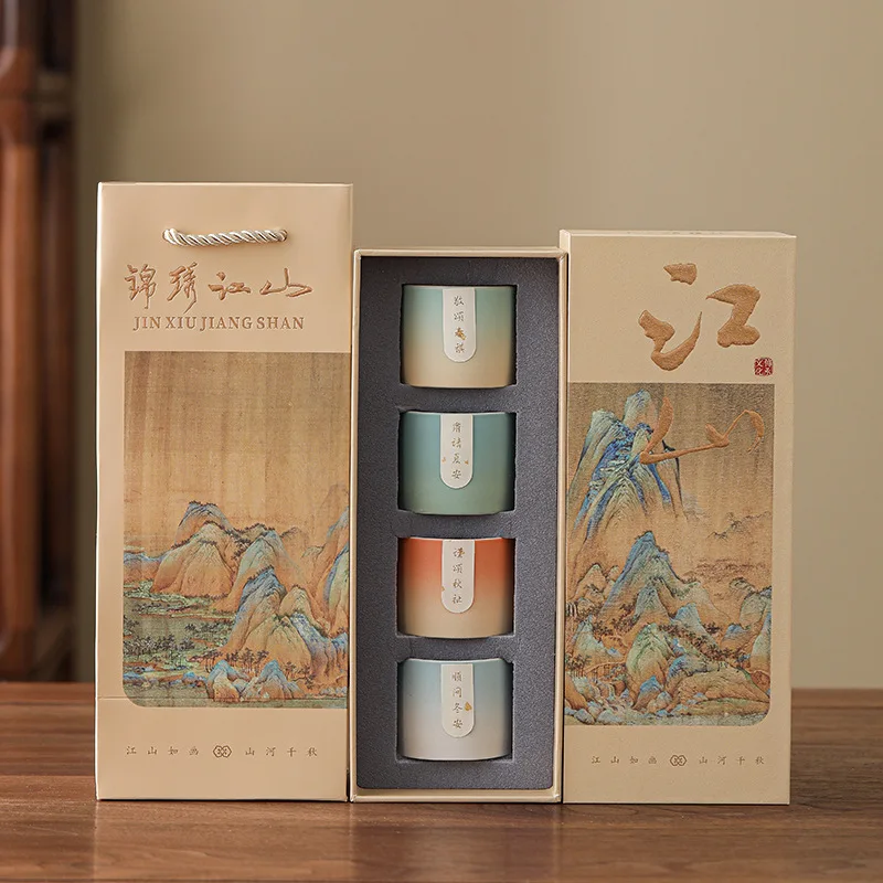 4-teiliges Set „Tausend Meilen von Jiangshan“ Teetasse Guochao Merchandise Keramik-Meistertasse Teetassen-Set Geschenkbox-Set Urlaubsgeschenk