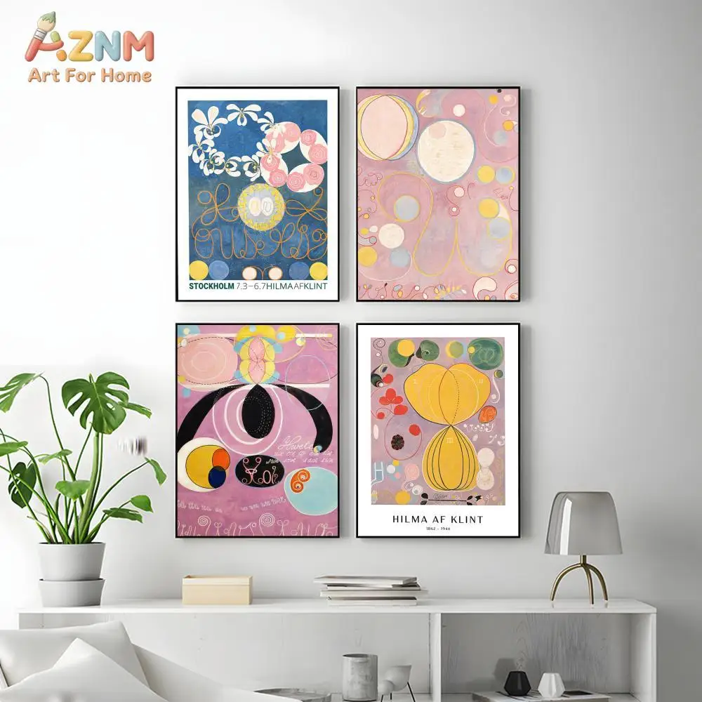 AZNM Hilma Af Klint Abstract Geometric Canvas Wall Art Vintage Exhibition Pastel Circle Flower Famous Artist Unframed Canvas Dec